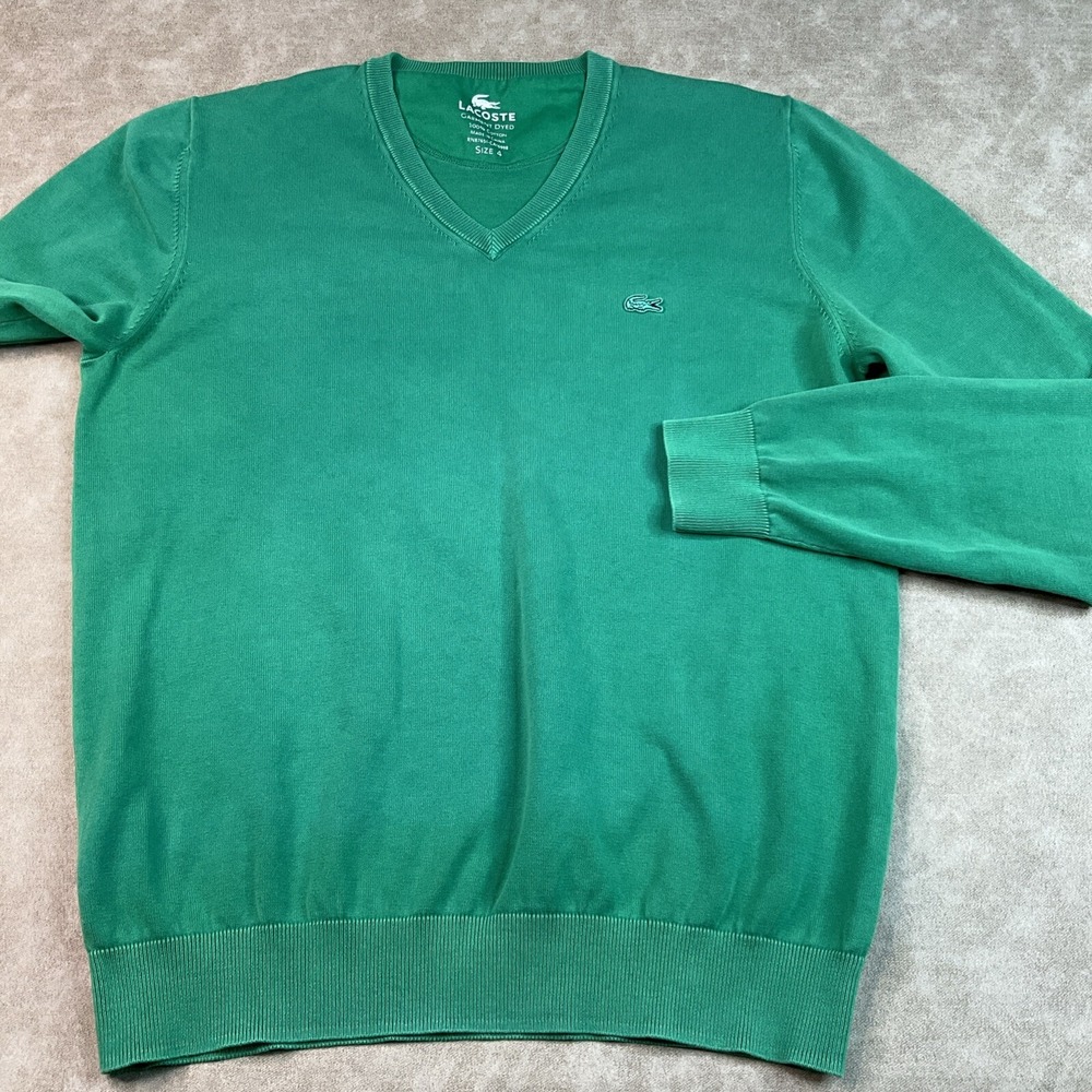 Lacoste Garment Dyed Sweater Mens 4 M Green Lightweight V Neck Alligator Logo - Picture 4 of 7